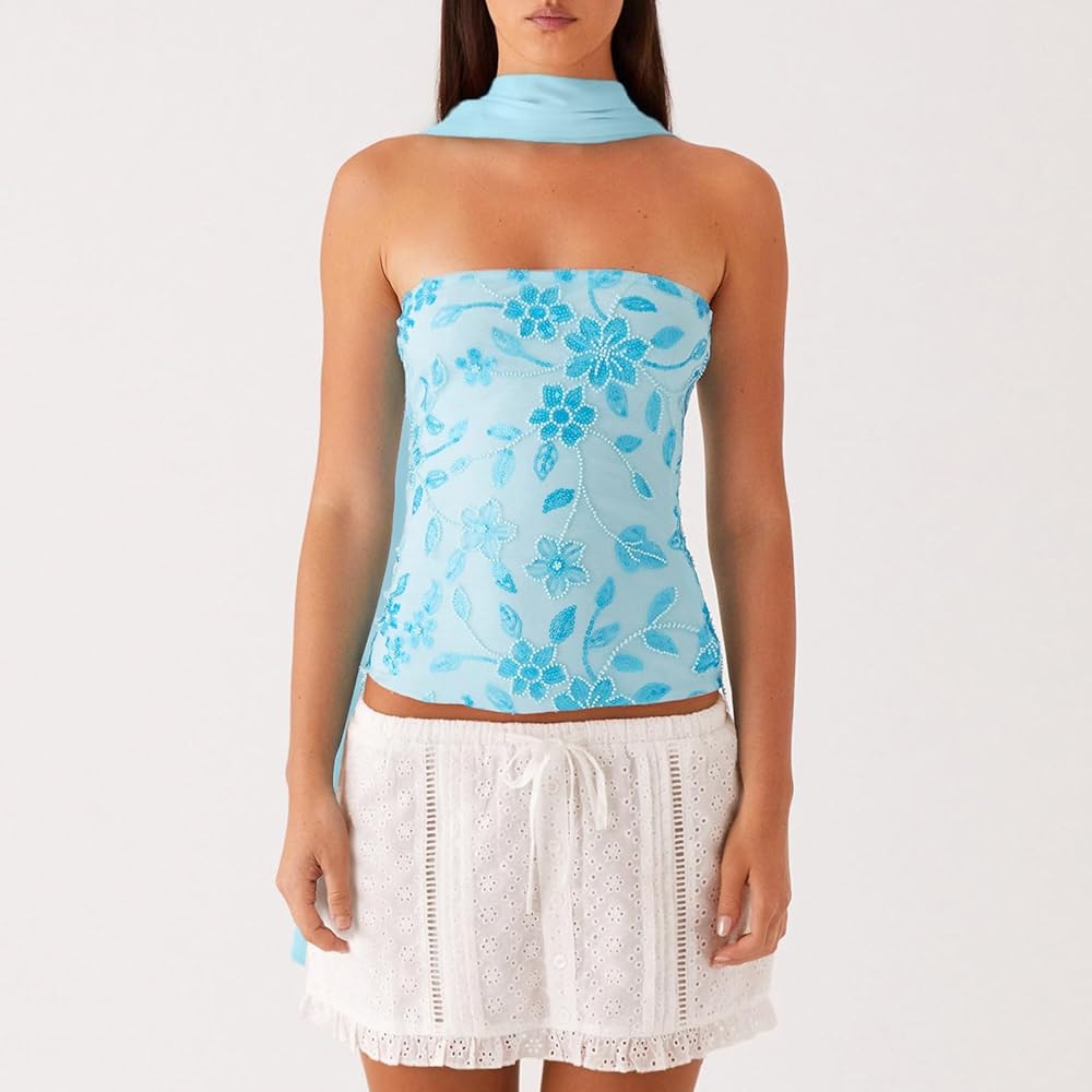 Amazon.com: Women Y2K Sequin Tube Top with Neck Scarf